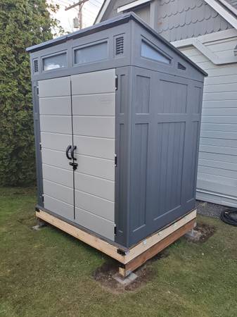 Storage shed installed on a level wood base