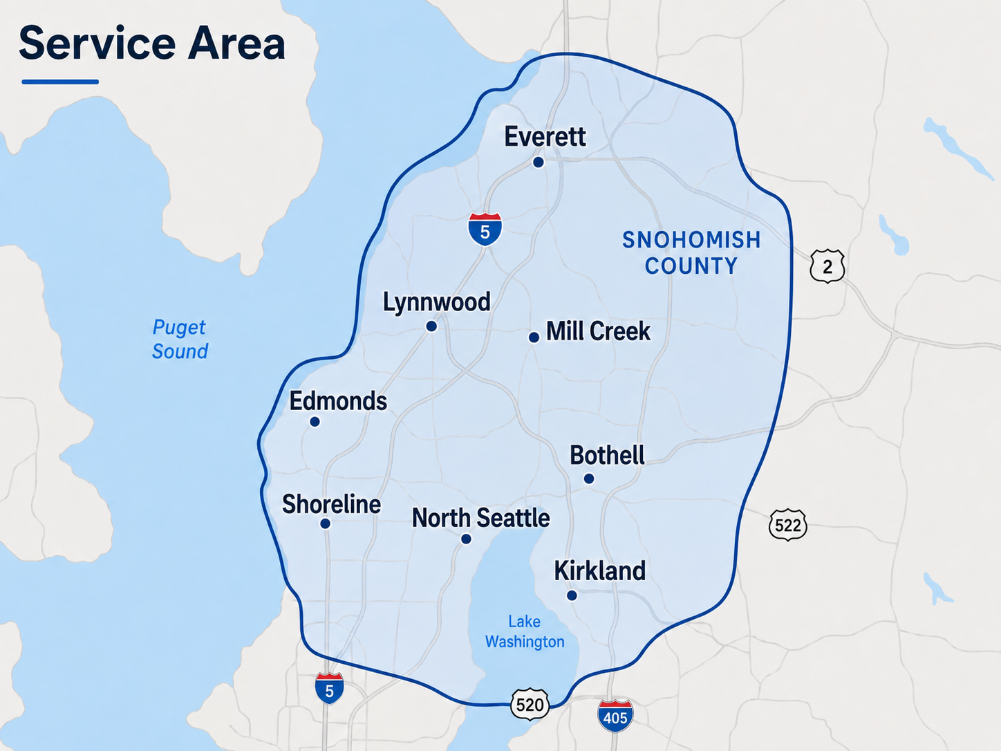 Map showing the typical service area centered near Lynnwood